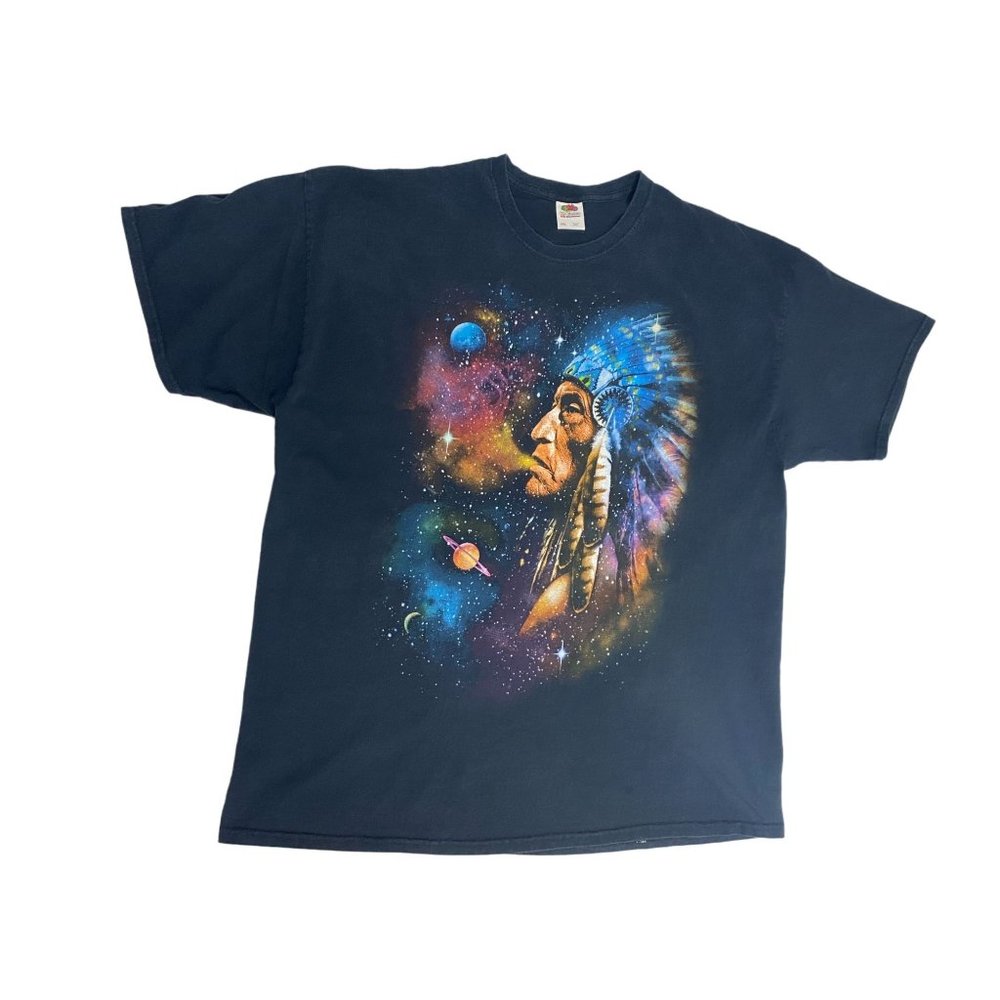 Native American Chief Cosmic Smoke Stars Planets Black T Shirt 2XL